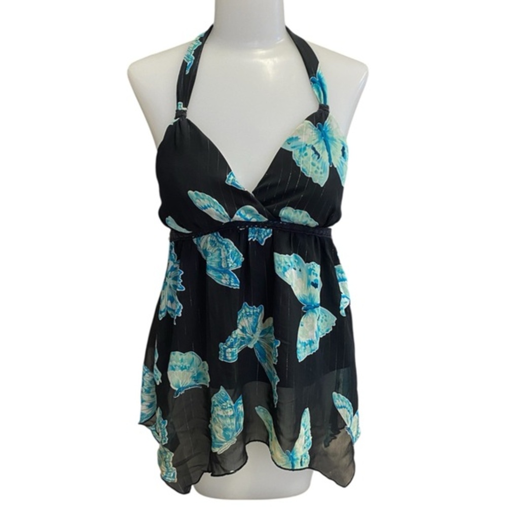 Jordache Y2K Halter Top Black Blue‎ Butterfly Fairycore Metallic Juniors Small